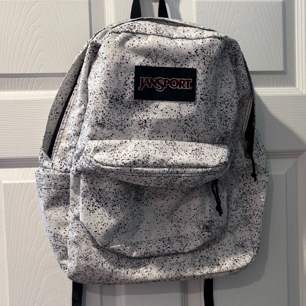 JanSport Backpack White/Black Speckled Large 16” School Student Books Travel